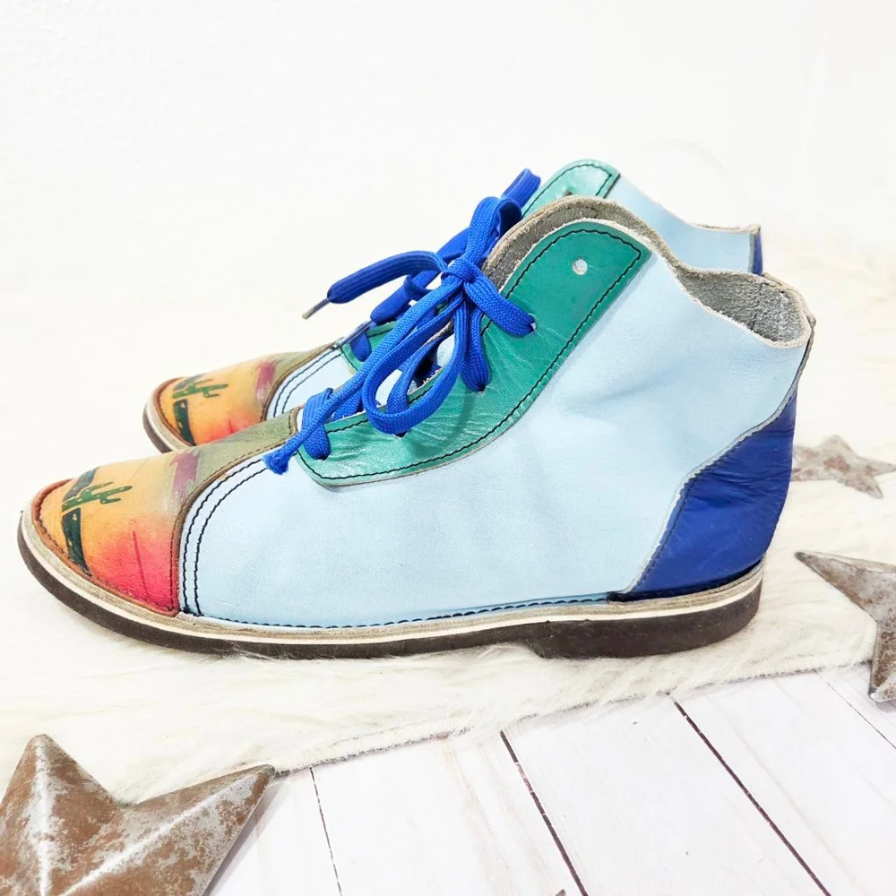 Vintage colorful handpainted lace up chukka boot desert scene patchwork high top